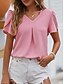preiswerte Damen Einfache Oberteile-Damen Bluse Elegante Oberteile Feste Farbe Glatt Elegant Basic Kurzarm V Ausschnitt Normale Oberteile Täglich Rüschen Schwarz Weiß Rosa Blau Sommer