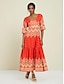 cheap Print Casual Dress-Satin Folk Print Half Sleeve V Neck Maxi Dress