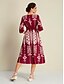 お買い得  花柄ドレス-女性用 ルーズドレス リゾートウェア ミディドレス 赤レンガ色 ハーフスリーブ Folk プリント 春夏 Ｖネック 旅行度假风 カジュアル 普段着 S M L