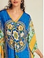 cheap Print Casual Dress-Satin Caftan Bandana Print Raglan Sleeve Midi Dress