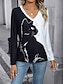 voordelige Dieren thee-Dames T-shirt Kleurenblok Kat Modieus Lange mouw V-hals Normale tops Dagelijks Afdrukken Wit / Zwart Lente &amp; Herfst