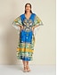 cheap Print Casual Dress-Satin Caftan Bandana Print Raglan Sleeve Midi Dress