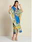 cheap Print Casual Dress-Satin Caftan Bandana Print Raglan Sleeve Midi Dress