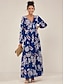 cheap Print Dresses-Women&#039;s Polyester Tiered Dress Floral Button Elastic Waist V Neck Puff Sleeve Maxi Dress Elegant Casual Daily Long Sleeve Summer