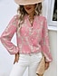 cheap Women&#039;s Blouses &amp; Shirts-Women&#039;s Shirt Blouse Elegant Buttons Print Lantern Sleeve Long Sleeve Regular Tops Notched Neck Work Daily Pink Spring Fall