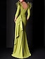 baratos VERDE-Vestido Convidada de Casamento Sereia Verde Vestido de Plumas Casamento na Praia Vestido Formal de Noite Elegante Comprimento de Chão Manga 3/4 Decote V com Babados Franzidos vestido para impressionar