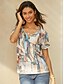 billige Boho t-shirt-Dame T-shirt Grafisk Basale Kortærmet V-hals Almindelige toppe Daglig Weekend Knapper Udskæring Trykt mønster Blå Grøn Kakifarvet
