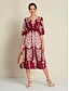 お買い得  花柄ドレス-女性用 ルーズドレス リゾートウェア ミディドレス 赤レンガ色 ハーフスリーブ Folk プリント 春夏 Ｖネック 旅行度假风 カジュアル 普段着 S M L