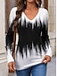 cheap Women&#039;s T-shirts-Women&#039;s T Shirt Casual Color Block Print Long Sleeve Regular Tops V Neck Daily Black Spring &amp;  Fall