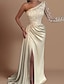 cheap Evening Dresses-Mermaid / Trumpet Gold Dresses Evening Gown Hot Dress Formal Wedding Guest Sweep / Brush Train Long Sleeve One Shoulder Bridesmaid Dress Satin with Rhinestone Appliques 2024