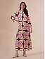 abordables vestido casual estampado-Mujer Corte Ancho Vestido Estampado vestido suelto Vestido maxi Rosa Manga 3/4 Geométrico Estampado Primavera &amp; Otoño Otoño cuello con muescas Bohemia Vintage Casual / Diario Vacaciones Hogar S M L