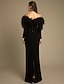 voordelige Zwart-Black Tie Zeemeermin Avondjurk Veer Elegante Jurk Formele Vloerlengte Lange Mouw Off Shoulder Rekbare Crêpe Maskerade Jurk