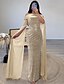 billiga CHAMPAGNE-Skär Festklänning Paljetter Elegant Klänning Formell Golvlängd Lång ärm Off Shoulder Champagne Mor till Bruden Klänning med Glittrig Sjal Maskerad Klänning