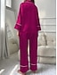 preiswerte Damen Schlafanzüge-Pyjama-Set für Damen in reinen Farben, lässig, bequem, für zu Hause, täglicher Komfort aus Satin-Seide, warmes Revers, langärmeliges Hemd, Hose mit Knopfleiste, elastischer Bund,