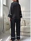 preiswerte Damen Schlafanzüge-Pyjama-Set für Damen in reinen Farben, lässig, bequem, für zu Hause, täglicher Komfort aus Satin-Seide, warmes Revers, langärmeliges Hemd, Hose mit Knopfleiste, elastischer Bund,