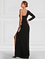 ieftine negru-Rochie de seară A-Line Neagră Brodată Rochie Elegantă Formală Lungime la Podea Mâneci Lungi Un Umăr Elastică Crep cu Fanta Aplicații