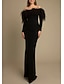 voordelige Zwart-Black Tie Zeemeermin Avondjurk Veer Elegante Jurk Formele Vloerlengte Lange Mouw Off Shoulder Rekbare Crêpe Maskerade Jurk