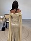 billiga CHAMPAGNE-Skär Festklänning Paljetter Elegant Klänning Formell Golvlängd Lång ärm Off Shoulder Champagne Mor till Bruden Klänning med Glittrig Sjal Maskerad Klänning