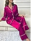 preiswerte Damen Schlafanzüge-Pyjama-Set für Damen in reinen Farben, lässig, bequem, für zu Hause, täglicher Komfort aus Satin-Seide, warmes Revers, langärmeliges Hemd, Hose mit Knopfleiste, elastischer Bund,