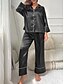 preiswerte Damen Schlafanzüge-Pyjama-Set für Damen in reinen Farben, lässig, bequem, für zu Hause, täglicher Komfort aus Satin-Seide, warmes Revers, langärmeliges Hemd, Hose mit Knopfleiste, elastischer Bund,