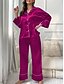 preiswerte Damen Schlafanzüge-Pyjama-Set für Damen in reinen Farben, lässig, bequem, für zu Hause, täglicher Komfort aus Satin-Seide, warmes Revers, langärmeliges Hemd, Hose mit Knopfleiste, elastischer Bund,
