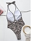 billiga One-piece-baddräkter-Dam Badkläder En bit Monokini Baddräkt Öppen rygg Magkontroll Hög midja Smal Semester Standkläder Leopard Halterneck Ärmlös Baddräkter