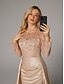 preiswerte Sekt-Meerjungfrau Abendkleid Elegantes Kleid Karneval Maskerade bodenlang langärmlig Illusions-Ausschnitt Champagner Brautmutter Kleid Satin mit Perlen Überrock