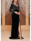 baratos PRETO-Vestido de Festa Sereia  Trompete Elegante Vestido para Convidada de Casamento Cauda de Corte Manga Longa Decote V Veludo com Pérolas