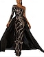 preiswerte SCHWARZ-A-Linie Abendkleid Elegantes Kleid Formal Kapelle Zug Langarm Ein Schulter Nylon mit Glitzer