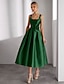 cheap Cocktail Dresses-A-Line Cocktail Dresses Elegant Dress Formal Wedding Tea Length Sleeveless Square Neck Satin with Glitter Slit Shouder Flower 2024