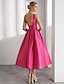 cheap Cocktail Dresses-A-Line Cocktail Dresses Elegant Dress Formal Wedding Tea Length Sleeveless Square Neck Satin with Glitter Slit Shouder Flower 2024