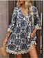 billige Boho-kjoler-Dame Mini kjole Uformell kjole Boho-kjole Fritid Daglig Normal Blomstret 3/4 ermer V-hals Vin Blå Grønn Sommer Vår Høst