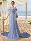 abordables AZUL-Vestidos de Fiesta Sirena  Trompeta Azules Lentejuelas Encaje Vestido Elegante Boda Invitada de Boda Cola Corte Escote en V Organza con Moño