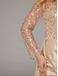 preiswerte Sekt-Meerjungfrau Abendkleid Elegantes Kleid Karneval Maskerade bodenlang langärmlig Illusions-Ausschnitt Champagner Brautmutter Kleid Satin mit Perlen Überrock