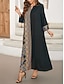 abordables Robes Bohémiennes-Femme Robe Maxi Robe casual Robe Caftan robe boheme Décontractées du quotidien Standard Géométrique Manches 3/4 Col cranté Noir Printemps Automne