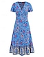 cheap Casual Dresses-Women&#039;s Polyester Floral V Neck Midi Dress Short Sleeve Summer Spring