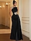 preiswerte SCHWARZ-Satin Abendkleid Elegant Kleid Formal Bodenlänge Ärmellos Schmuckhals Taschensatin mit Stickerei