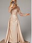preiswerte Sekt-Meerjungfrau Abendkleid Elegantes Kleid Karneval Maskerade bodenlang langärmlig Illusions-Ausschnitt Champagner Brautmutter Kleid Satin mit Perlen Überrock