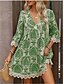 billige Boho-kjoler-Dame Mini kjole Uformell kjole Boho-kjole Fritid Daglig Normal Blomstret 3/4 ermer V-hals Vin Blå Grønn Sommer Vår Høst