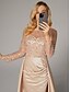 preiswerte Sekt-Meerjungfrau Abendkleid Elegantes Kleid Karneval Maskerade bodenlang langärmlig Illusions-Ausschnitt Champagner Brautmutter Kleid Satin mit Perlen Überrock