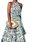baratos Vestidos de Férias-Mulheres Vestido Longo Vestido casual Vestido Swing Vestido A Line Casual Diário Normal Floral Manga Longa Halter pescoço Verde Verão Primavera Outono