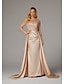 preiswerte Sekt-Meerjungfrau Abendkleid Elegantes Kleid Karneval Maskerade bodenlang langärmlig Illusions-Ausschnitt Champagner Brautmutter Kleid Satin mit Perlen Überrock