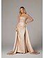 preiswerte Sekt-Meerjungfrau Abendkleid Elegantes Kleid Karneval Maskerade bodenlang langärmlig Illusions-Ausschnitt Champagner Brautmutter Kleid Satin mit Perlen Überrock