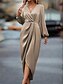 cheap Work Dresses-Women&#039;s Casual Dress Midi Dress Ruched Casual V Neck Long Sleeve Champagne Wine Green Color