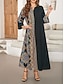 abordables Robes Bohémiennes-Femme Robe Maxi Robe casual Robe Caftan robe boheme Décontractées du quotidien Standard Géométrique Manches 3/4 Col cranté Noir Printemps Automne