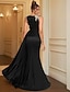 preiswerte SCHWARZ-Satin Abendkleid Elegant Kleid Formal Bodenlänge Ärmellos Schmuckhals Taschensatin mit Stickerei