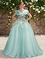 cheap Prom Dresses-Ball Gown Prom Dresses Elegant Dress Wedding Guest Sweep / Brush Train Short Sleeve V Neck Organza with Appliques