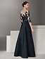 baratos AZUL-Vestido de Festa A-Line Elegante Vestido Convidada de Casamento Cauda de Varredura  Escova Manga Longa Decote Redondo Satin Stretch com Apliques