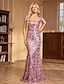 baratos Rosa-Vestido de Gala Sereia  Trompete Vestido Brilhante Convidada de Casamento Festa à Noite Comprimento do Chão Sem Mangas Decote em V Lantejoulas com Lantejoulas