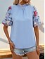 tanie Eleganckie topy-Damskie Koszula Bluzka Kwiaty Codzienny Krótki rękaw Golf Zwykłe topy Codzienny Siateczka Niejednolita całość Haft Niebieski Lato Wiosna